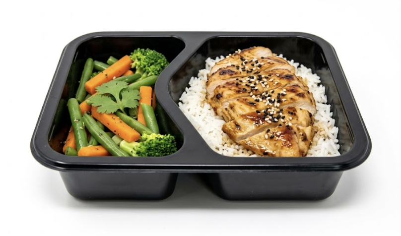 Black multi compartment CPET tray with grilled chicken, rice, and vegetables for branded meal prep packaging