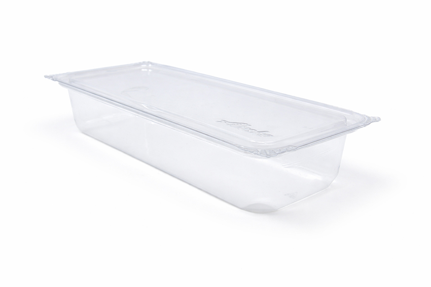 Custom clear RPET salad container thermoformed for Alaska Airlines in flight meal service
