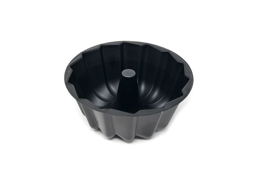 Custom black CPET bundt cake pan thermoformed for Island Treasures Gourmet bakeware
