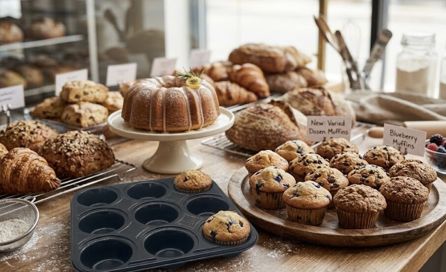 Thermoformed muffin baking mold with bakery products and pastries