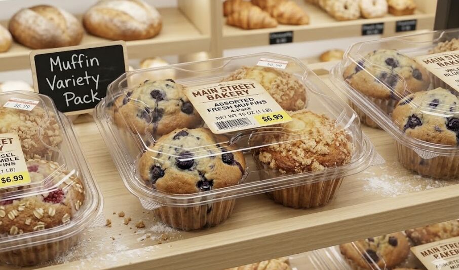 Clear retail clamshell containers with fresh muffins on bakery shelf display