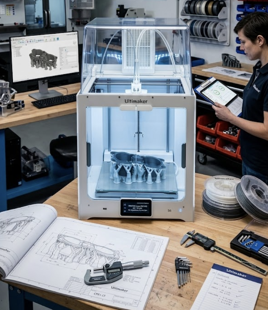 MinnTech Plastics rapid prototyping lab with Ultimaker 3D printer, CNC machines, engineering blueprints, and technicians evaluating thermoformed mold samples
