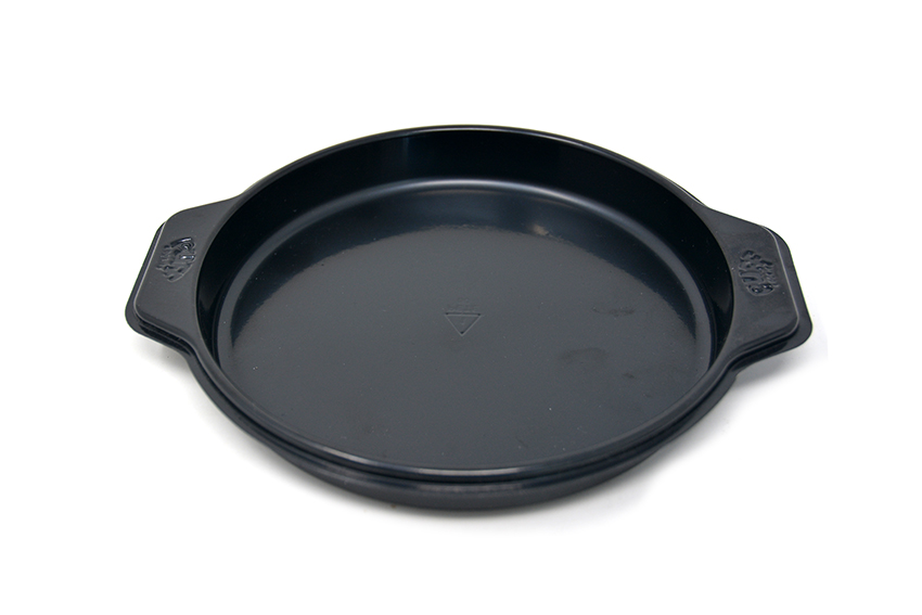 Black thermoformed CPET round tray with dual handles and SPI #1 recycling code embossed on base