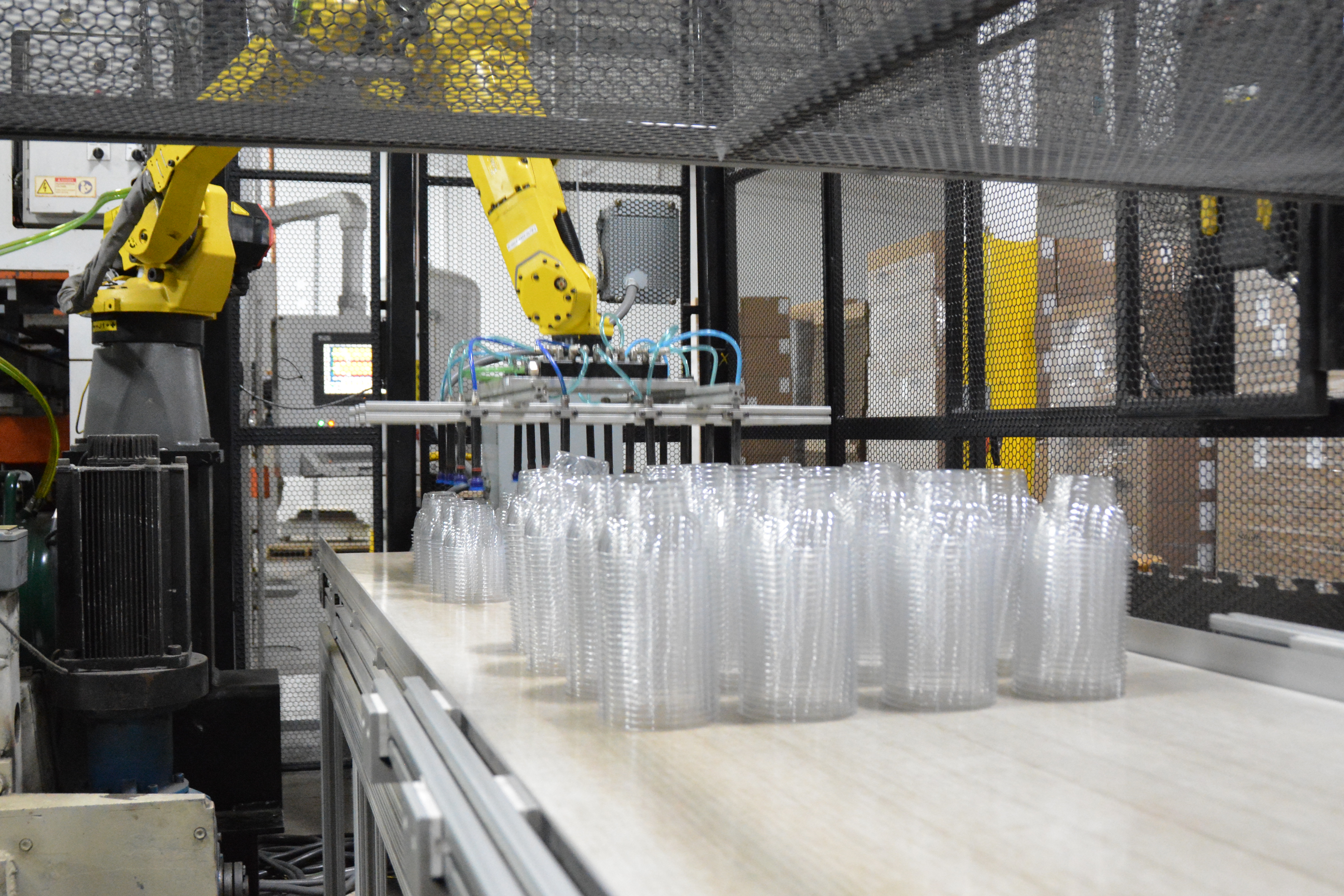 MinnTech Plastics robotic cell with FANUC arm stacking clear PET clamshells on conveyor